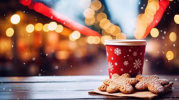 Joyeux Noël et joyeuses fêtes une tasse de boisson chaude et des biscuits sur le fond des lumières du marché de Noël AI design