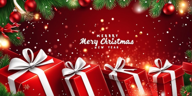 Joyeux Noël et Nouvel An fond de fête rouge avec des boîtes cadeaux branches de sapin rubans