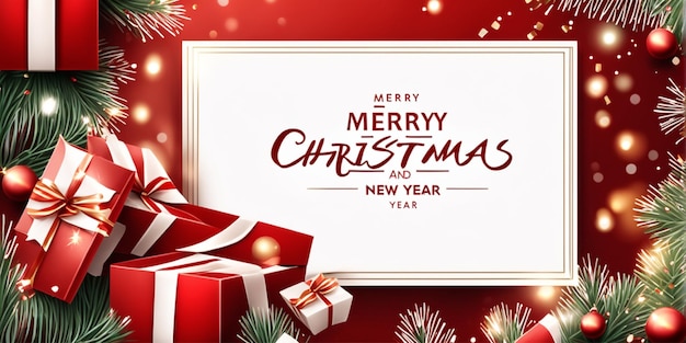Joyeux Noël et Nouvel An fond de fête rouge avec des boîtes cadeaux branches de sapin rubans