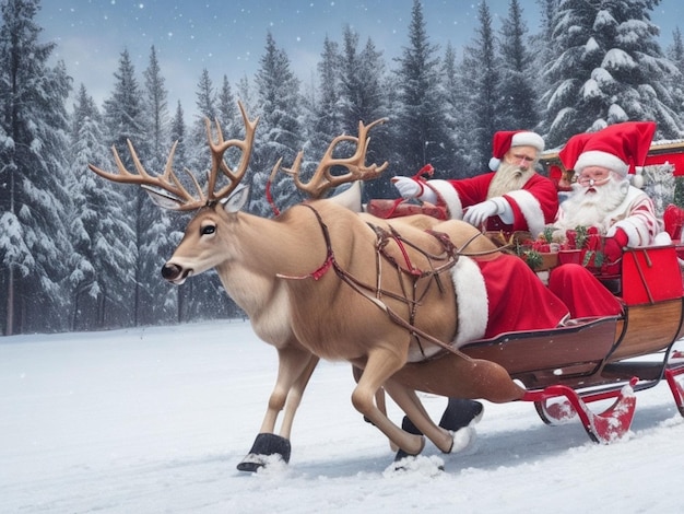 Joyeux Noël Photo du Père Noël avec un cerf et une boîte cadeau une équipe de rennes