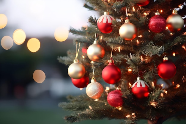 Joyeux Noël Salutations et décorations de balles cônes de pin et des cadeaux et flocon de neige Ai généré