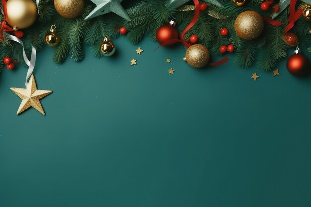 Joyeux NoëlFrontière de Noël élégante avec décorations festives branches de sapin confettis sur fond vert Noël plat poser saisons modèle de carte de voeux espace pour le texte