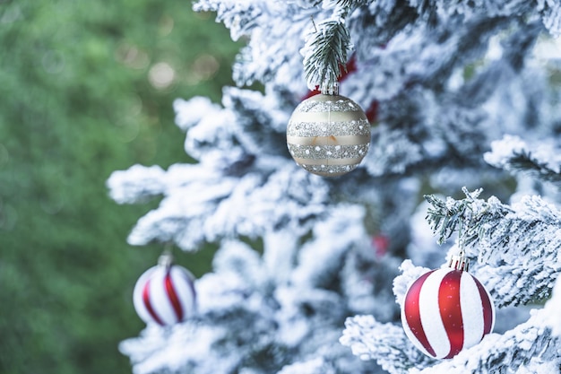 Joyeux NoëlGros plan d'une boîte de cadeaux de boules colorées et d'un colis d'image de voeux de Noël sur la neige blanche Décoration de fond d'arbre de Noël vert pendant Noël et le Nouvel An