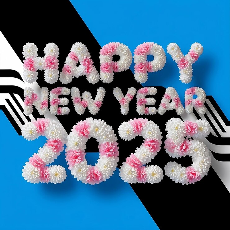 Photo joyeux nouvel an 2025 fond 3d bleu et noir blanc rose fleur et feuille