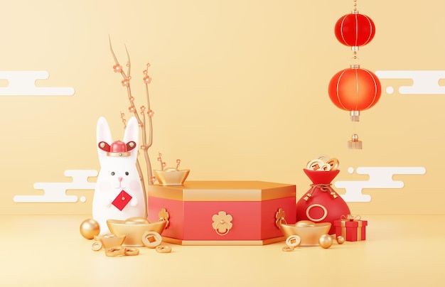 Joyeux nouvel an chinois 2023 avec l'année du podium traditionnel du lapin pour montrer le produit Nouvel an lunaire fond rouge décorer avec des pièces d'or de texture chinoise et un rendu 3D du signe du zodiaque