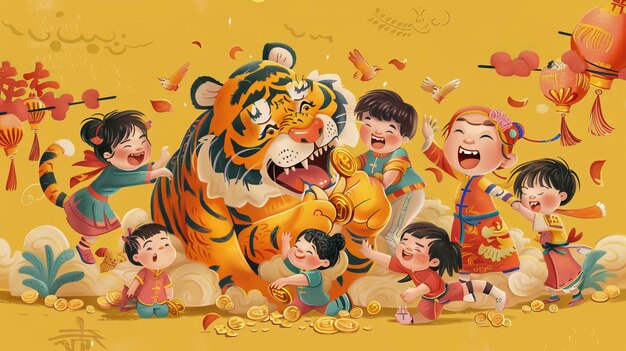 Joyeux Nouvel An chinois écrit sur un couplet avec l'illustration d'un tigre mordant une pièce d'or sur un fond jaune Tigre mordeant une monnaie d'or en 2022