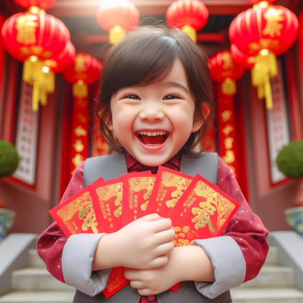 Photo joyeux nouvel an chinois enfant asiatique tenant des enveloppes rouges et souriant