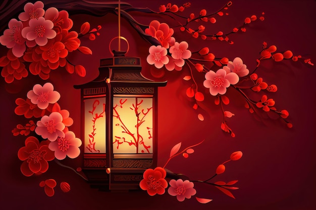 Joyeux nouvel an chinois fleurs de sakura et lanterne traditionnelle sur fond rouge Ai générative