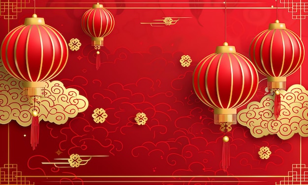Joyeux Nouvel An chinois relief rouge doré lanterne traditionnelle et nuage en spirale Nouvel An lunaire chinois