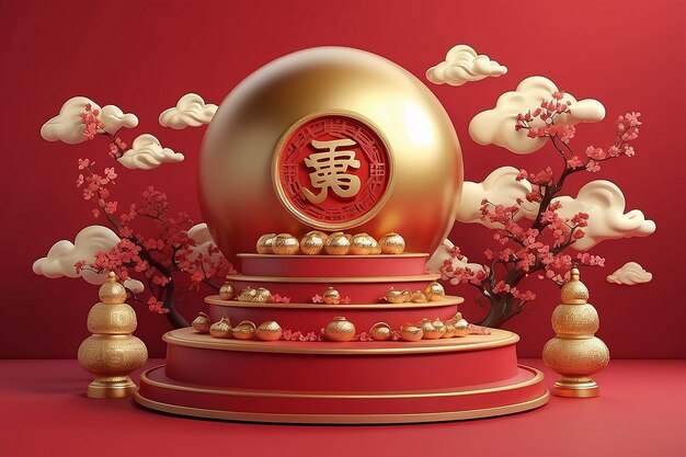 joyeux nouvel an chinois thème asiatique affichage de produit podium boule d'or et nuage d'or sur fond rouge