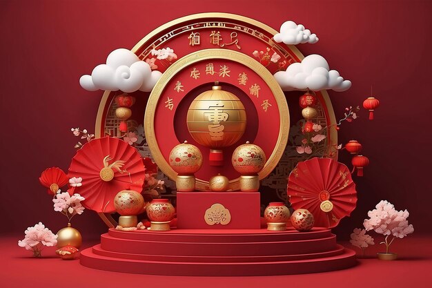 joyeux nouvel an chinois thème asiatique affichage de produit podium boule d'or et nuage d'or sur fond rouge