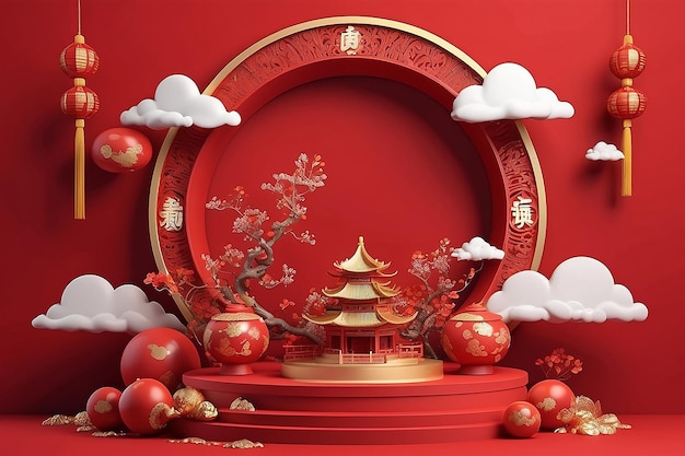 joyeux nouvel an chinois thème asiatique affichage de produit podium boule d'or et nuage d'or sur fond rouge