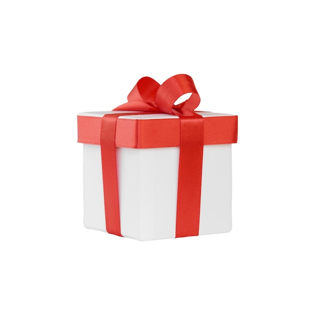 Joyeux Nouvel An et Joyeux Noël, coffret cadeau blanc avec arc rouge sur fond blanc