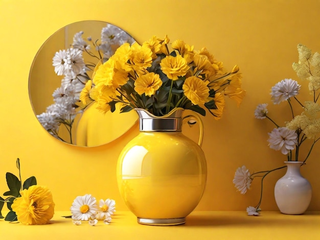 Joyeux Nowruz un fond jaune avec un miroir et un vase avec des fleurs AIGénéré Image