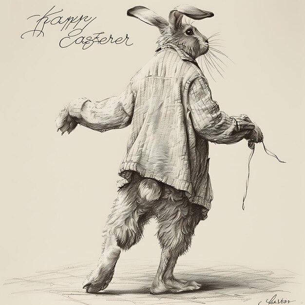 Joyeux Pâques un dessin d'un lapin portant un costume de lapin