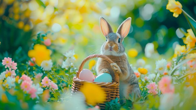 Joyeux Pâques avec un joyeux lapin de Pâques tenant un panier d'œufs entouré de fleurs en fleurs et de verdure brillante