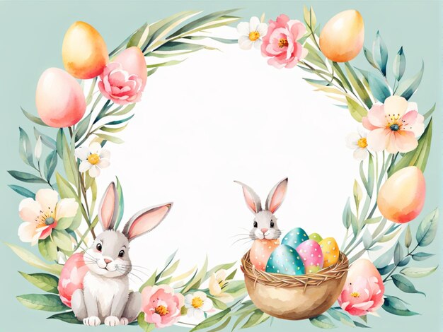 Joyeux Pâques mignon lapin de Pâques avec une couronne de fleurs œufs de Pâque fleurs feuilles pour saluer ba