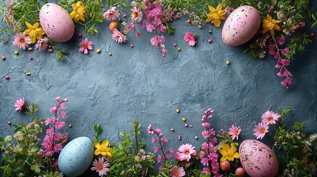 Photo joyeux pâques œufs de chocolat de pâques colorés avec des fleurs de cerisier à plat sur un fond bleu