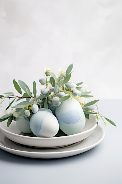 Photo joyeux pâques œufs de pâques sur des assiettes pastel sur une table avec des cerisiers en fleurs bleu pastel naturel