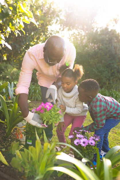 Joyeux père et fille afro-américains passant du temps ensemble à l'extérieur et à planter. Temps en famille, jardinage.