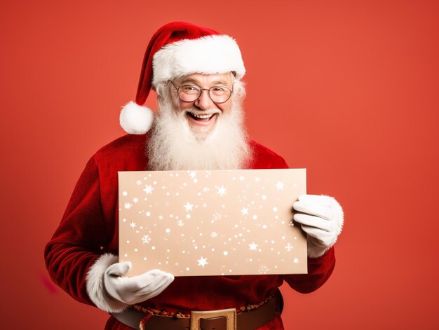 Le joyeux Père Noël capturé dans un moment de rire tenant un papier blanc