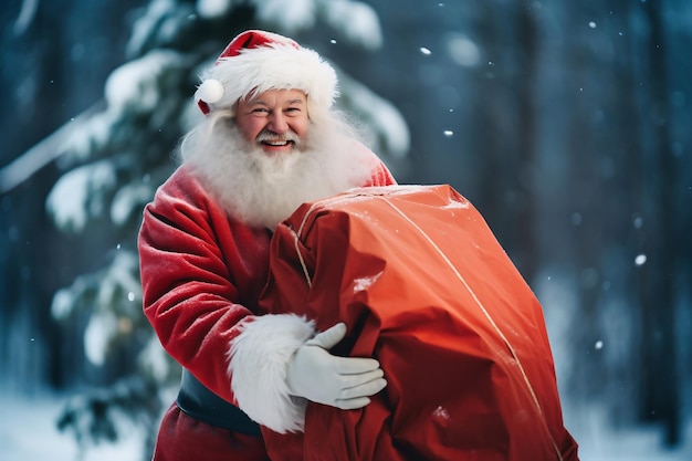 Joyeux Père Noël avec un grand sac de cadeaux pour les enfants dans une forêt enneigée Joyeux Noël concept de la veille du Nouvel An Image brillante du Père Noël pour la publicité et le design