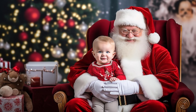 joyeux père noël souriant tenant un petit garçon