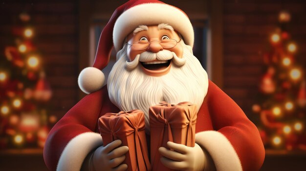 Un joyeux Père Noël tenant un sac de cadeaux et agitant avec un sourire rose sur son visage