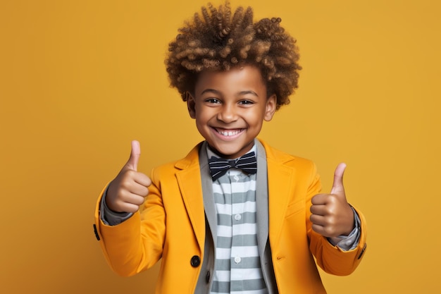 Joyeux petit garçon afro-américain en lunettes de soleil montrant le geste du pouce vers le haut