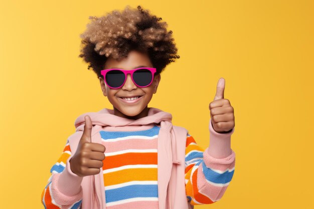 Photo joyeux petit garçon afro-américain en lunettes de soleil montrant le geste du pouce vers le haut