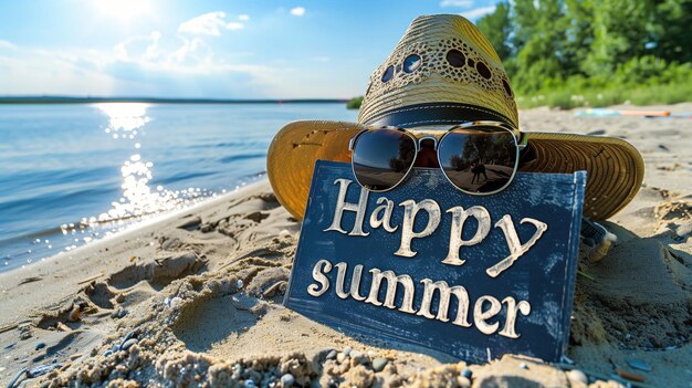 Joyeux texte d'été avec un chapeau et des lunettes de soleil sur la plage de sable au bord de la mer