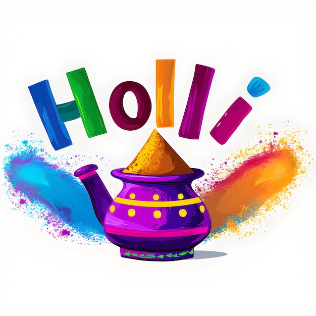 Joyeux texte de Holi écrit avec des couleurs abir et gulal pour le festival du jour de Holi