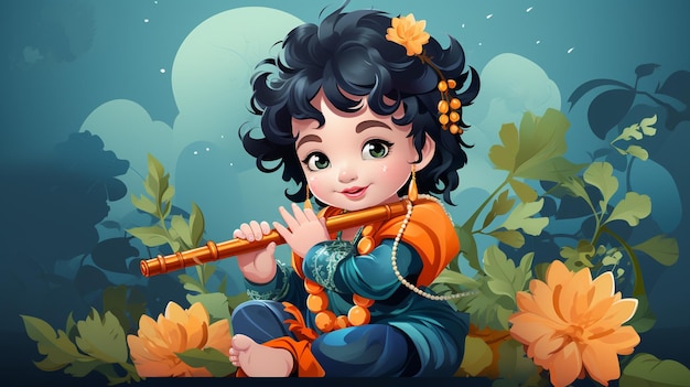 Joyeux texte de Janmashtami avec le Seigneur Krishna jouant de la flûte