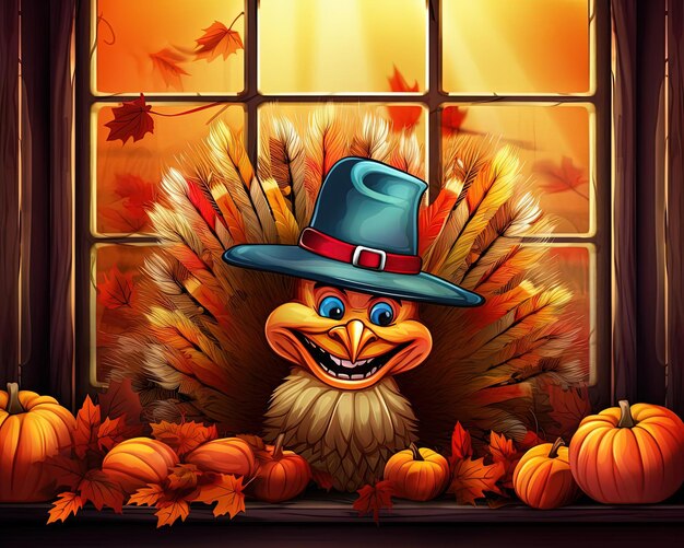 joyeux Thanksgiving avec un chapeau dans une fenêtre dans le style de puzzles visuels ludiques