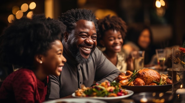 Joyeux Thanksgiving Day famille afro-américaine avec dinde rôtie au dîner traditionnel