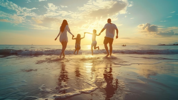 Joyeux voyage en famille sur la plage en vacances Vacances d'été Joyeuse famille s'amusant sur une plage tropicale au coucher du soleil Père et mère et enfants jouant ensemble à l'extérieur sur la plague