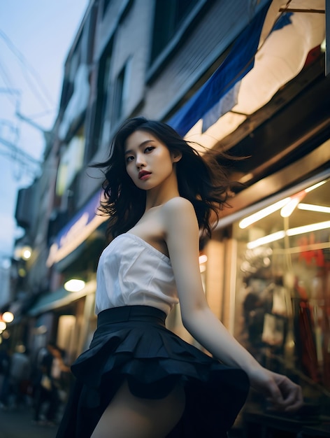 Joyful City Walk Jeune femme asiatique dans un haut Bustier et une jupe courte