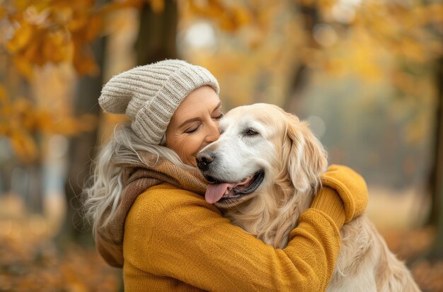 Joyful Embrace in Autumn Un câlin affectueux d'une femme avec son IA générative Golden Dog