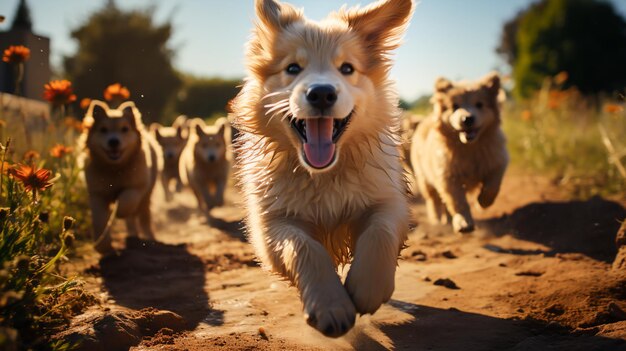 Joyful Puppy Playtime Chiots mignons s'amusant dans une interaction animée Ai générative