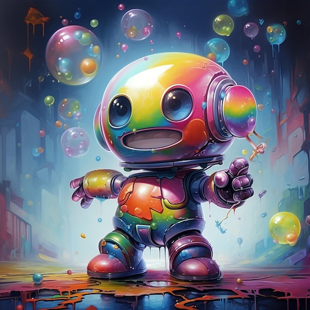 Joyful Pursuit Heureux petit robot chassant des bulles dans l'art du graffiti