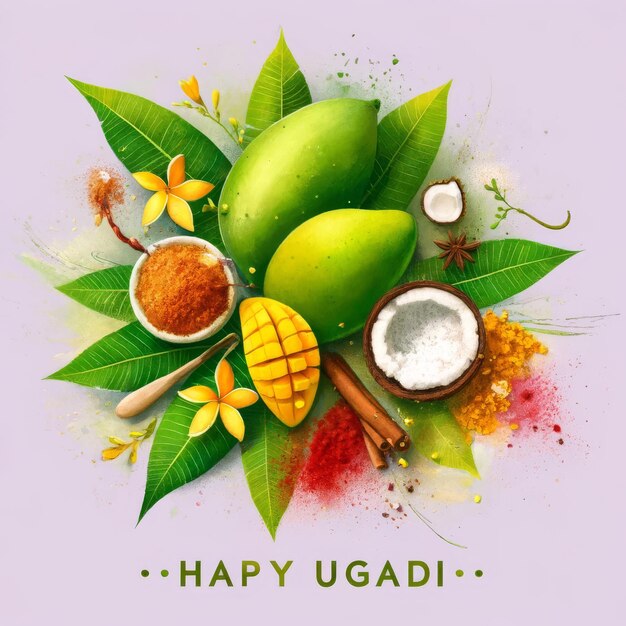 Joyous Ugadi souhaite une élégante conception d'ingrédients Pachadi pour le Nouvel An sud-indien