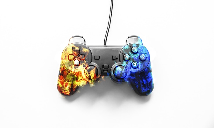 Photo joystick isolé sur fond blanc. manette de jeu pour jouer à des jeux informatiques avec un schéma dessus.