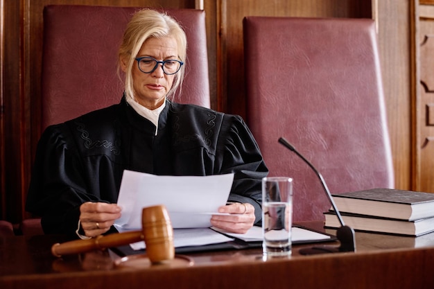 Une juge blonde sérieuse en manteau noir qui regarde un document papier avant la séance de procès.