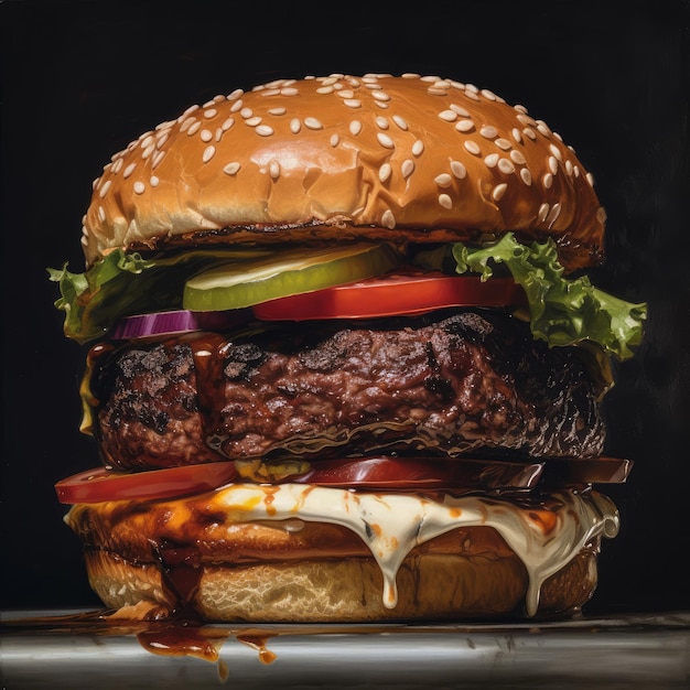 Juicy burger illustration photoréaliste sur fond abstrait