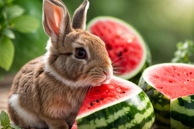 Juicy Delight Gros plan photoréaliste d'un adorable lapin savourant une pastèque