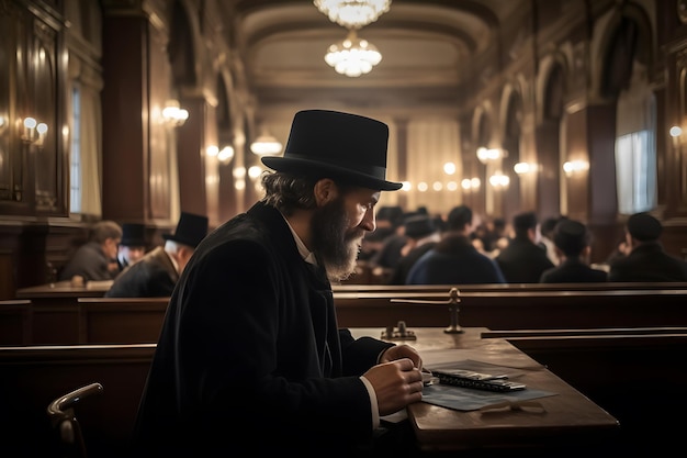 Photo un juif orthodoxe lit des prières dans le temple réseau neuronal généré par l'ia