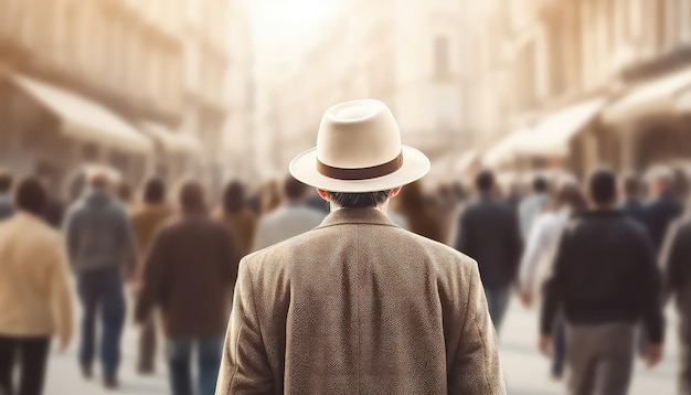 Un juif parmi une multitude de personnes se promène dans les rues de la ville
