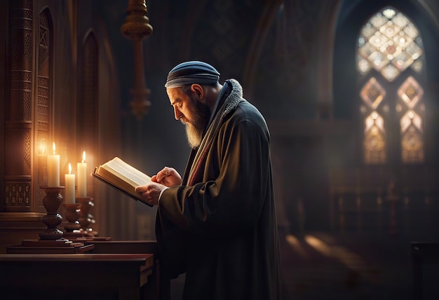 Juif pieux prie dans la synagogue lit le livre saint de l'IA générative de la Torah