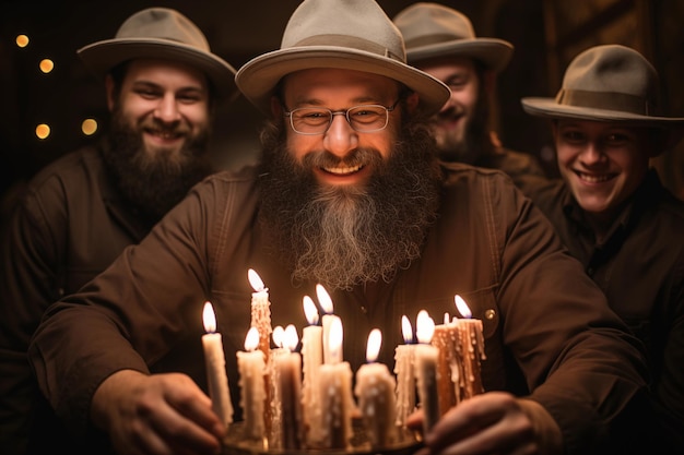 Photo des juifs heureux allumant des bougies à hanouka