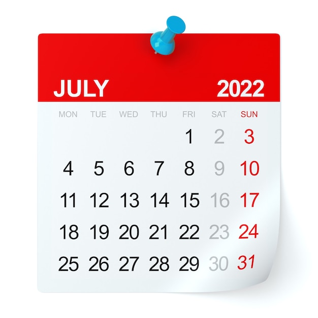 Juillet 2022 - Calendrier. Isolé sur fond blanc. Illustration 3D